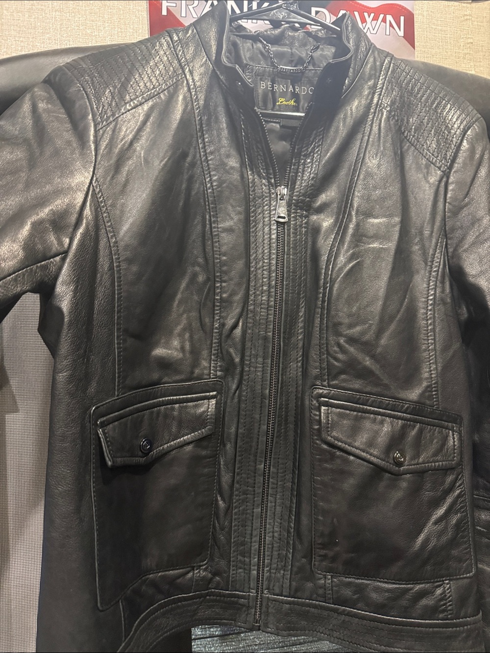 Bernardo Black Leather Bomber Jacket with Quilted Shoulders